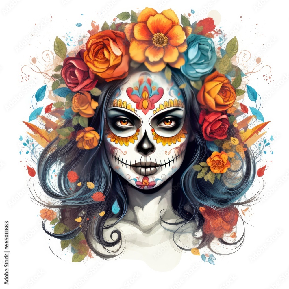 Woman sugar skull with beautiful colored flowers on white background.