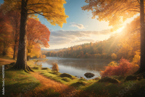 Beautful Lake side view of forest in autumn