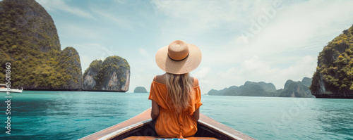Rear view of young girl with hat and summer dres sitting on boat. copy space for text. photo