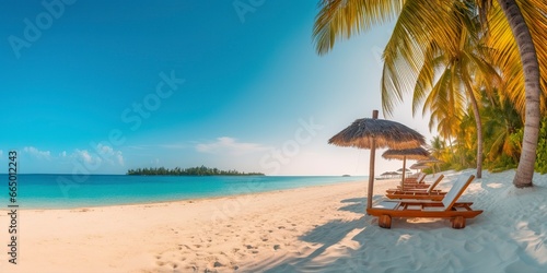 White sand and coconut plant travel tourism wide panorama background concept. © MKhalid