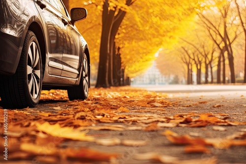 Car on asphalt road on an autumn day at the park. © MKhalid