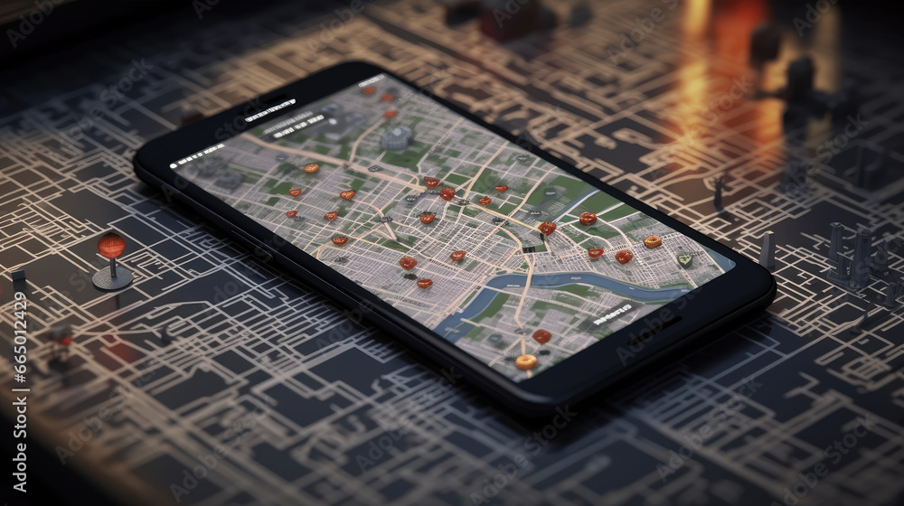 Naklejka premium A smartphone screen with prominent 3D map pins