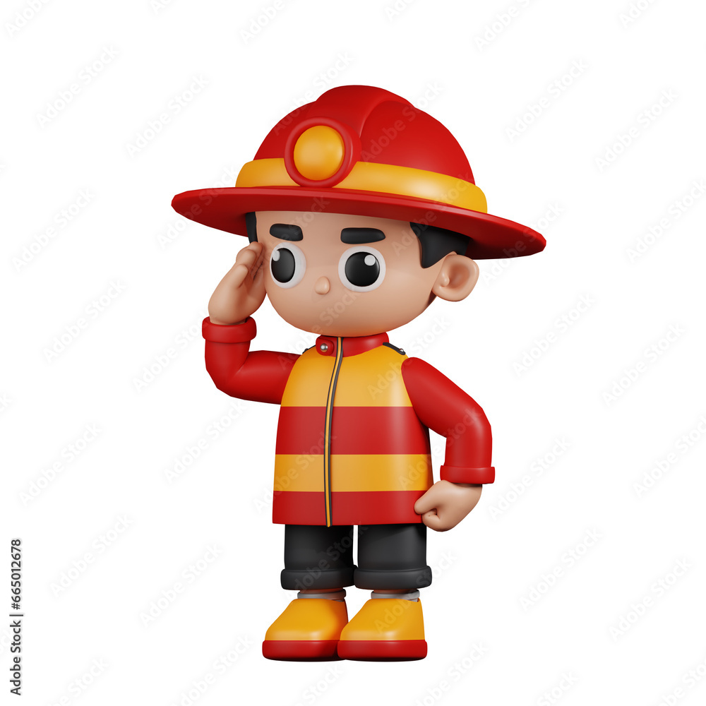 3d Character Firefighter Giving Salute Pose. 3d render isolated on transparent backdrop.