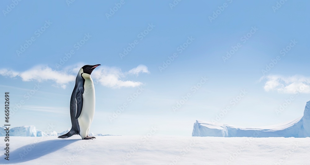 Penguin standing in Antarctica looking into the blue sky.