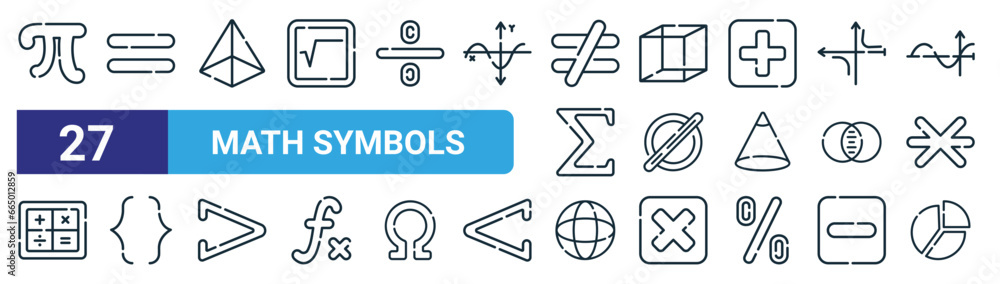 set of 27 outline web math symbols icons such as pi, equal, pyramid ...
