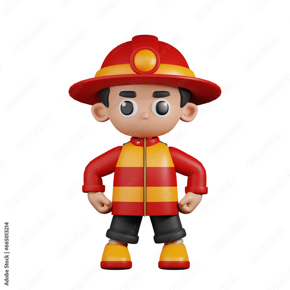 3d Character Firefighter Hero Stance Pose. 3d render isolated on transparent backdrop.