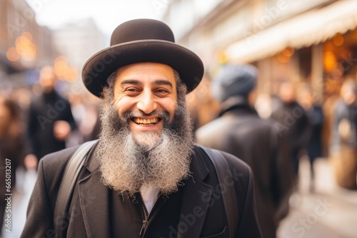 Portrait of senior orthodox jewish man in city. Religious man. Judaism, religion concept. Background for Israel holiday, festival, celebration photo
