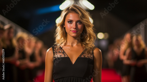 Young blonde woman at movie premiere on red carpet, surrounded by cameras.