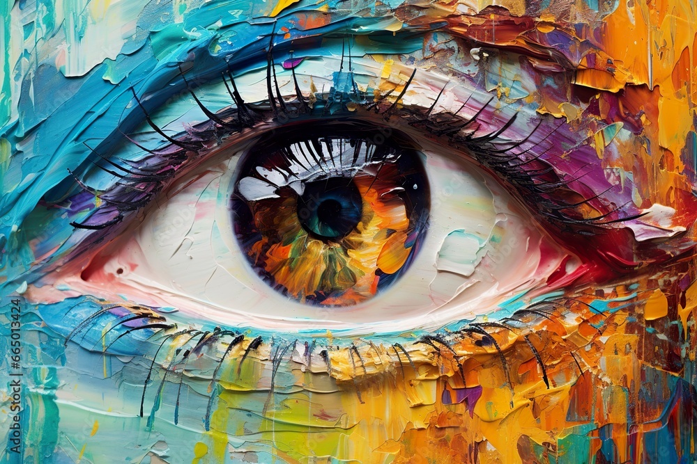 “Fluorite” oil painting. Conceptual abstract picture of the eye. Oil painting in colorful colors. Conceptual abstract closeup of an oil painting and palette knife on canvas.