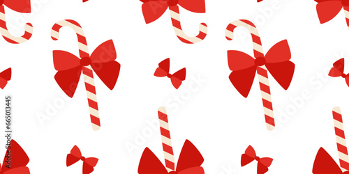 Vector Candy canes with red Bow seamless pattern. Flat style illustration, Christmas Holiday background. Sweet design elements isolated on white. Wrapping paper template, New year Decoration.