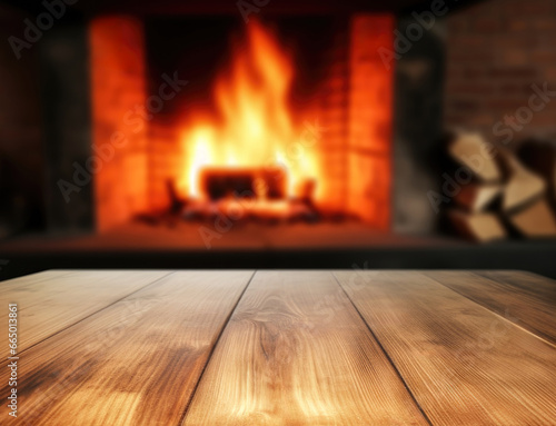 Wooden table in front of fireplace blurred background. High quality photo