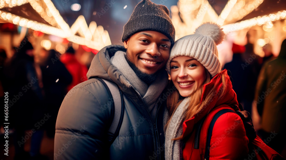 Mixed couple having a walk on a winter day. Christmas feeling concept. Ai generated