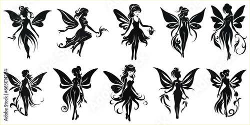 Fairy silhouette, Fairy silhouette set, Vector collection of fairies silhouettes
