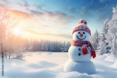 Happy snowman in knitted red cap and scarf standing in winter landscape. Festive background with a lovely snowman. Merry Christmas and happy New Year greeting card with copy space © ratatosk