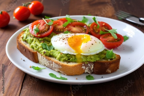 Avocado toast with eggs and roasted tomatoes.