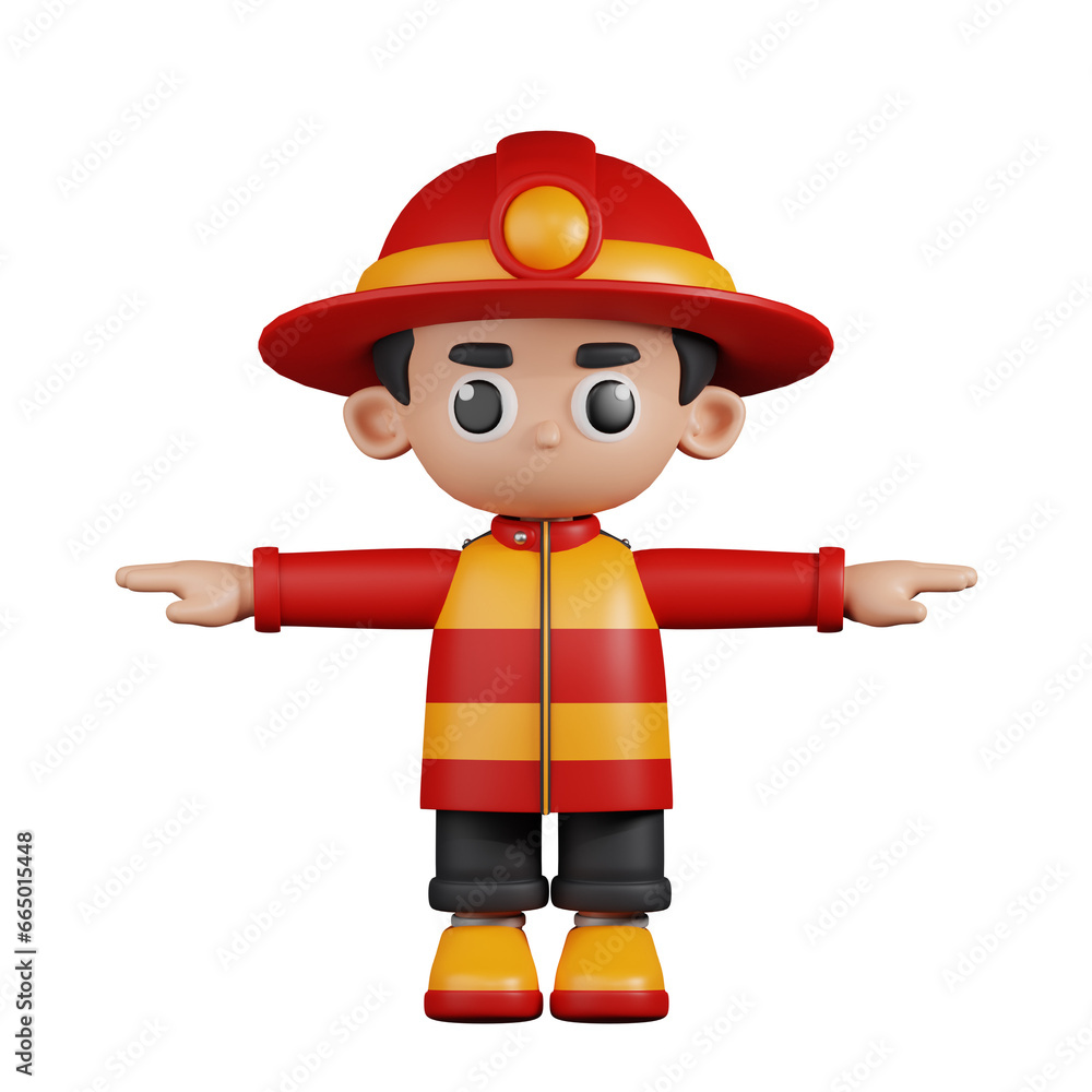 3d Character Firefighter T Pose Pose. 3d render isolated on transparent backdrop.
