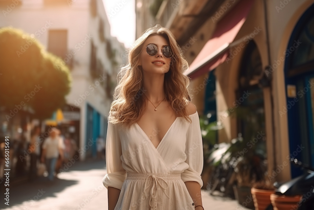 young adult woman on vacation in a local side street for tourists, shopping tour and city stroll, stroll through the city