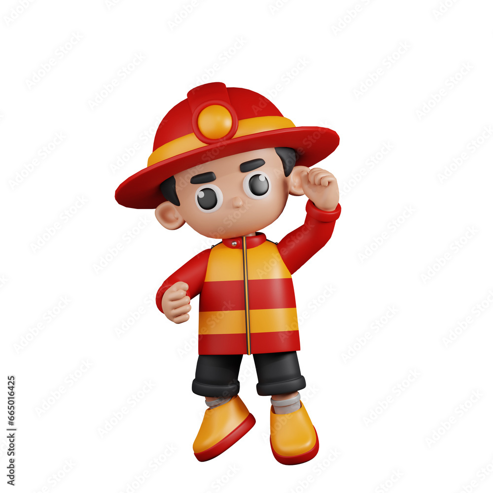 3d Character Firefighter Congrats Pose. 3d render isolated on transparent backdrop. 3d Character Firefighter Congrats Pose. 3d render isolated on transparent backdrop.
