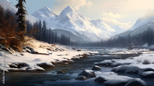 A snowy river meandering through a wintry terrain.