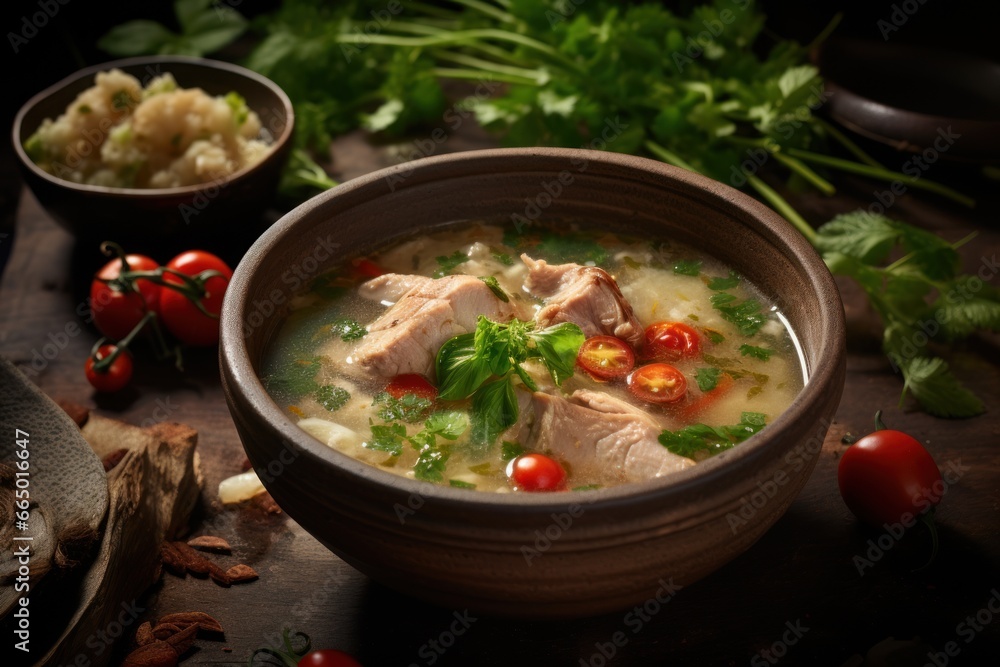 Chicken Soup showcased in a rustic top view food photography style on a wooden table, with steaming goodness emanating from the bowl.