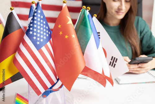 Fotografía Learning foreign languages, student with a phone app, online language course, gl