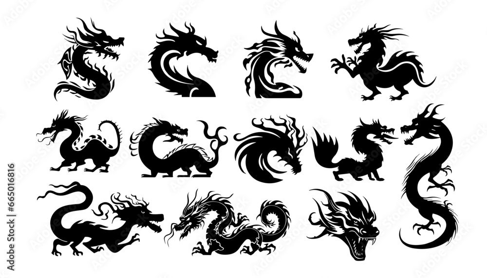Chineses Dragons Silhouettes Vector Set For Chinese Year 2024 Year Of