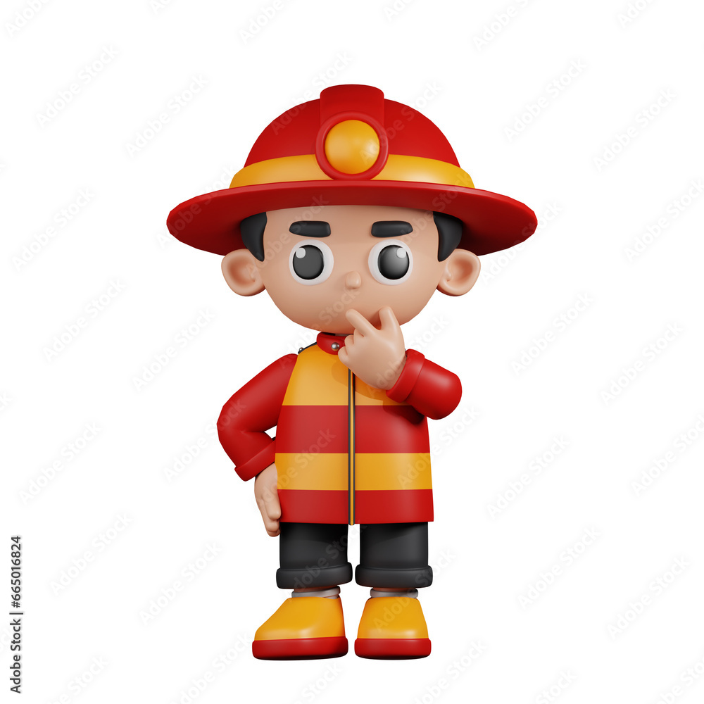 3d Character Firefighter Curious Pose. 3d render isolated on transparent backdrop. 3d Character Firefighter Curious Pose. 3d render isolated on transparent backdrop.