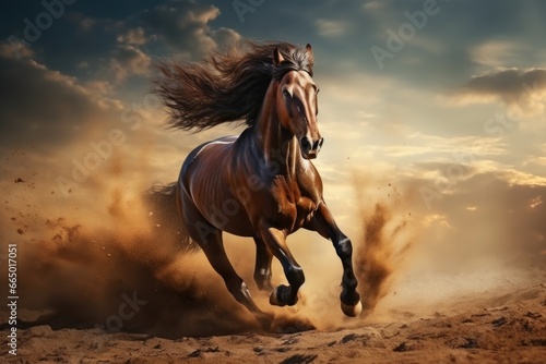 Horse Running in Sand on Cloudy Day