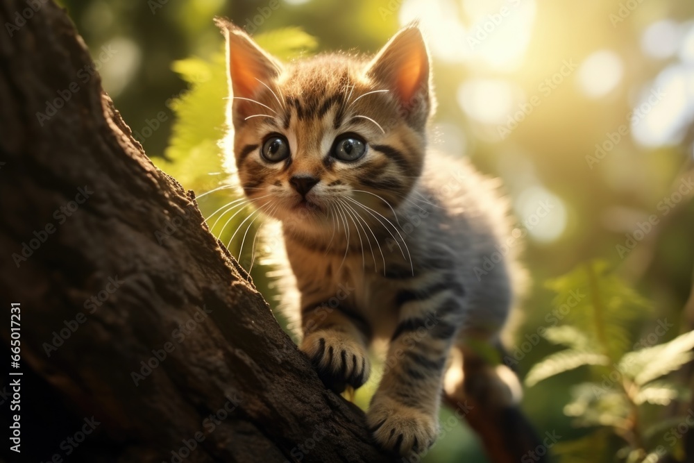 Small Kitten on Tree Branch