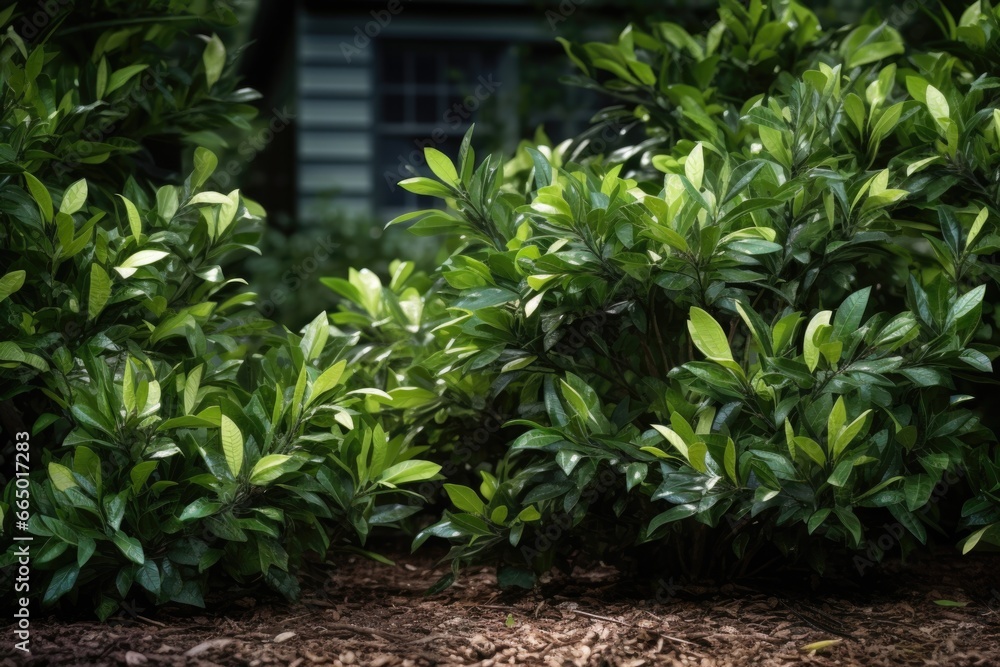 Obraz premium Close Up of Bush with House in Background