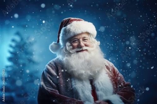 Happy Santa Claus in eyeglasses on dark blue blurred background with snow. Man in santa claus costume. Merry Christmas and happy New Year concept. Design for greeting card, banner, poster