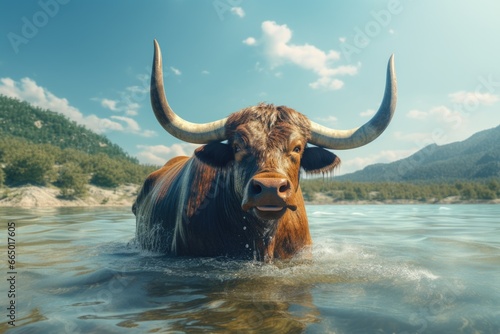 Brown and Black Bull Standing in Water © Ева Поликарпова