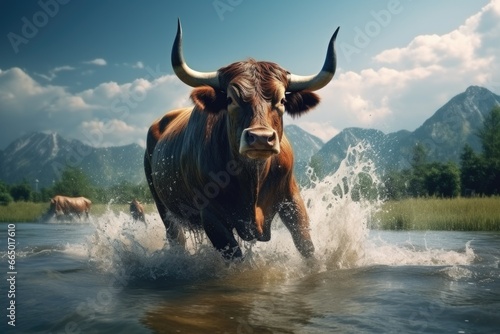 Brown Cow Walking Through Water © Ева Поликарпова