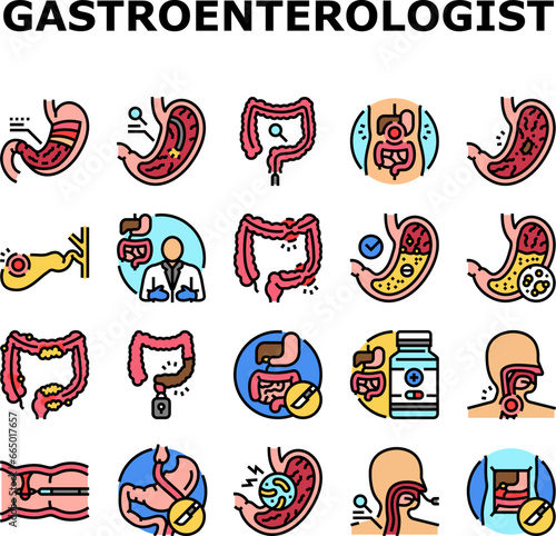 gastroenterologist doctor stomach icons set vector. health gastroenterology, intestine research, medical bowel, disease microbiota gastroenterologist doctor stomach color line illustrations