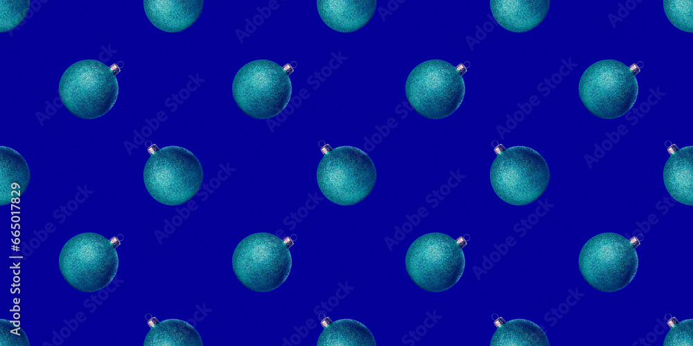 Blue shiny Christmas baubles isolated on blue background New year decorations Glitter ball Minimal composition seamless photo pattern Winter holiday concept Front view flat lay Xmas template Festive