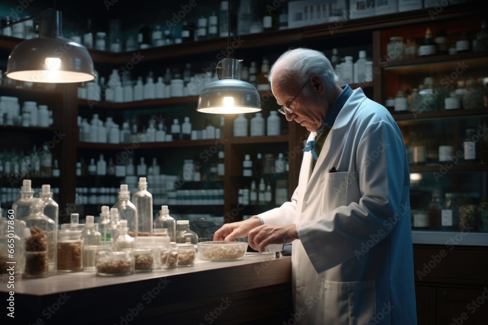 Man in Lab Coat at Counter