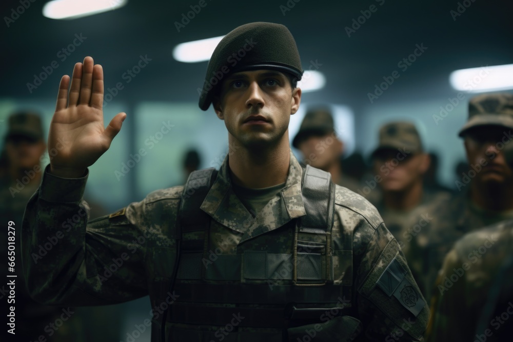 Military man raising hand