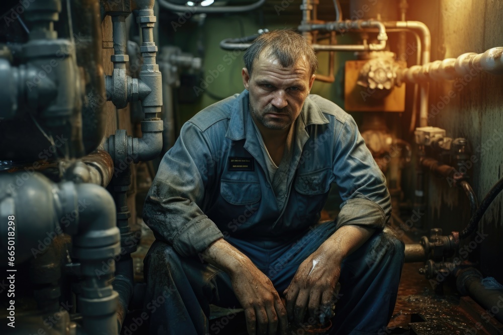Man Sitting on Ground in Pipe-Filled Room