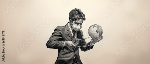 a man in a mask creates a pandemic and holds a globe in his hands that is tied with chains photo