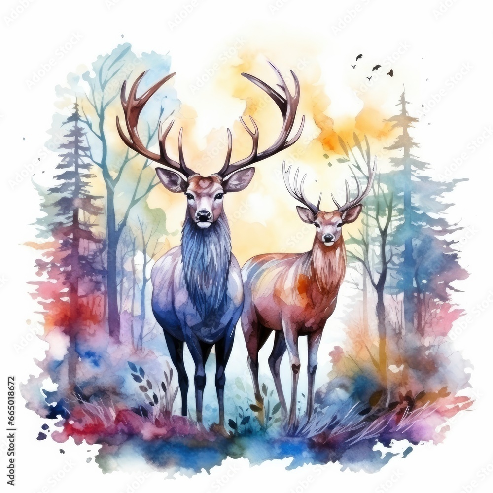 Colorful Deers in Forest. T-shirt design.