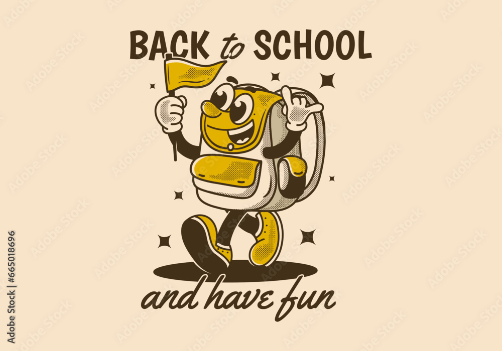 Back to school and have fun. Mascot character illustration of walking school bag holding a flag Back to school and have fun. Mascot character illustration of walking school bag holding a flag