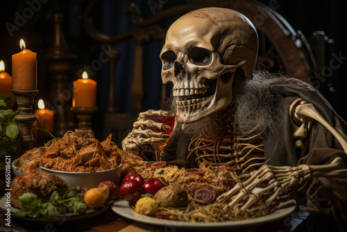 Human skeleton eating mushrooms at table