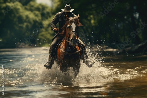 Man Riding Horse Through River