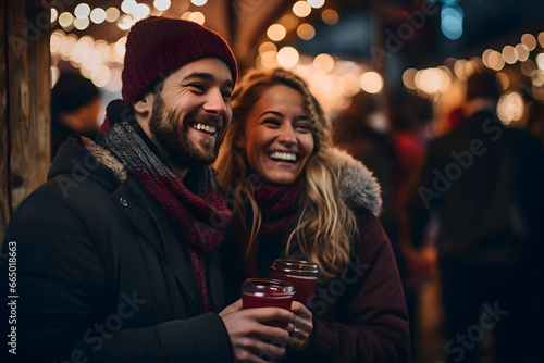 Winter Wonderland, Young and Cheerful Couple Enjoying Festive Mulled Wine at Christmas Market