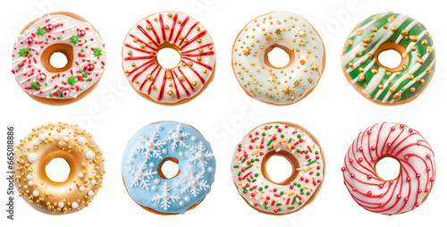 New Year donuts isolated on transparent background. Christmas and New Year holidays.