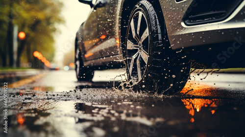 Seasonal rainfall impacts transportation. Wet tires. photo