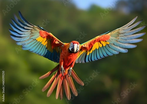 Flying macaw, beautiful bird. © MKhalid