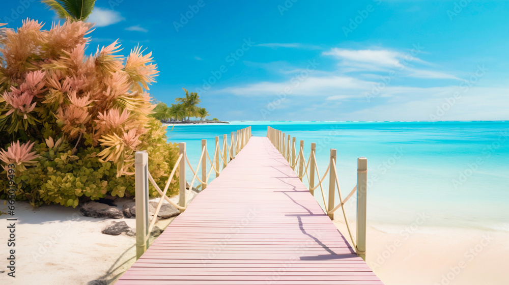 A wooden walkway made of wooden planks leading to the bright blue ocean. The walkway is surrounded by tropical foliage including palm trees and bushes with pink leaves. Blue sky on the background