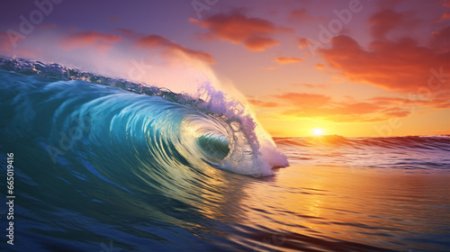 A vivid ocean wave with a crest of sea water  set against the backdrop of a stunning sunset and picturesque clouds.