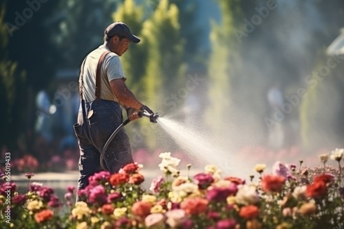 Man Spraying Flowers with Hose photo